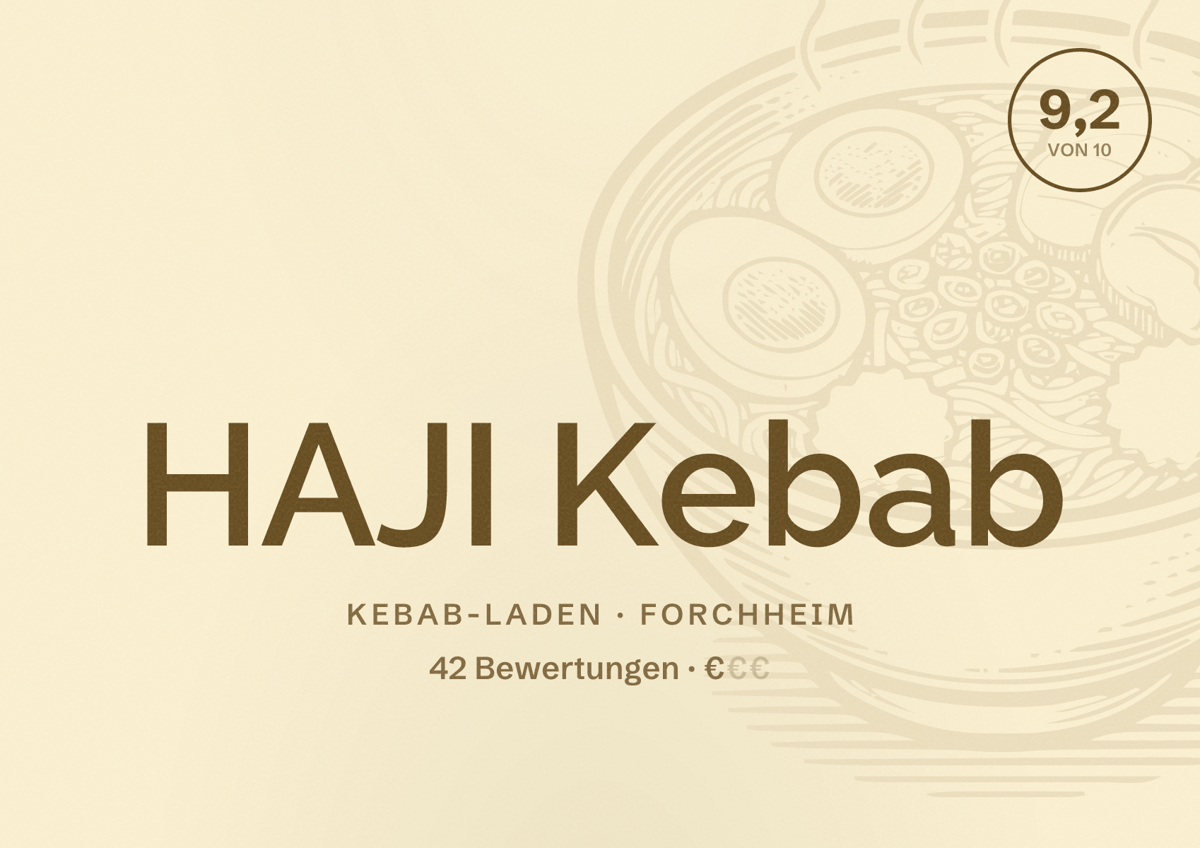 Illustriertes Poster von HAJI Kebab, Kebab-Laden in Forchheim: Bewertung 9,2 von 10 aus 42 Bewertungen, Preisniveau €