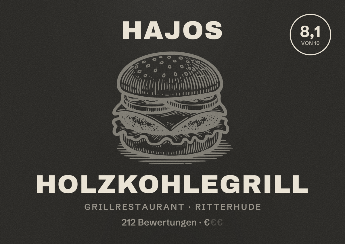 Illustriertes Poster von Hajos Holzkohlegrill, Grillrestaurant in Ritterhude: Bewertung 8,1 von 10 aus 212 Bewertungen, Preisniveau €