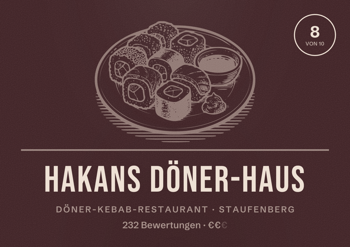 Illustriertes Poster von Hakans Döner-Haus, Döner-Kebab-Restaurant in Staufenberg: Bewertung 8 von 10 aus 232 Bewertungen, Preisniveau €€