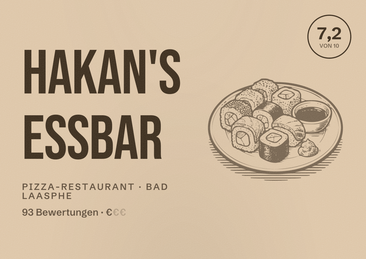 Illustriertes Poster von Hakan's Essbar, Pizza-Restaurant in Bad Laasphe: Bewertung 7,2 von 10 aus 93 Bewertungen, Preisniveau €
