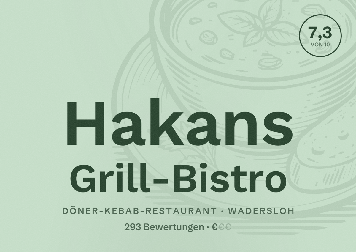 Illustriertes Poster von Hakans Grill-Bistro, Döner-Kebab-Restaurant in Wadersloh: Bewertung 7,3 von 10 aus 293 Bewertungen, Preisniveau €