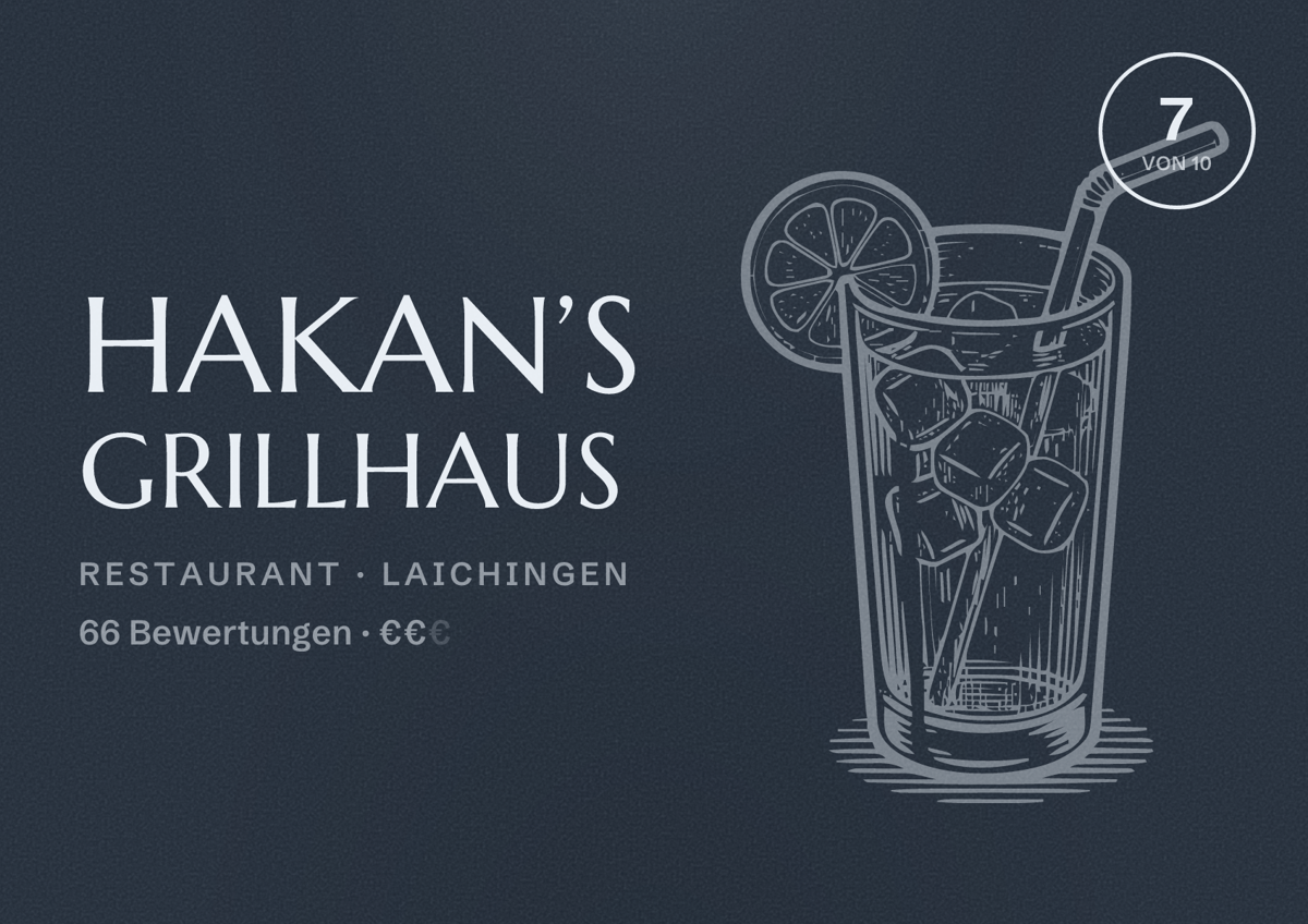 Illustriertes Poster von Hakan’s Grillhaus, Restaurant in Laichingen: Bewertung 7 von 10 aus 66 Bewertungen, Preisniveau €€
