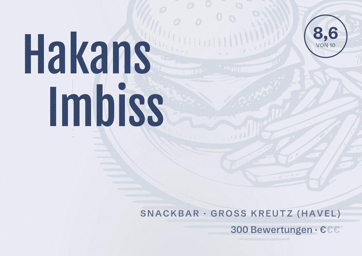 Illustriertes Poster von Hakans Imbiss, Snackbar in Groß Kreutz (Havel): Bewertung 8,6 von 10 aus 300 Bewertungen, Preisniveau €
