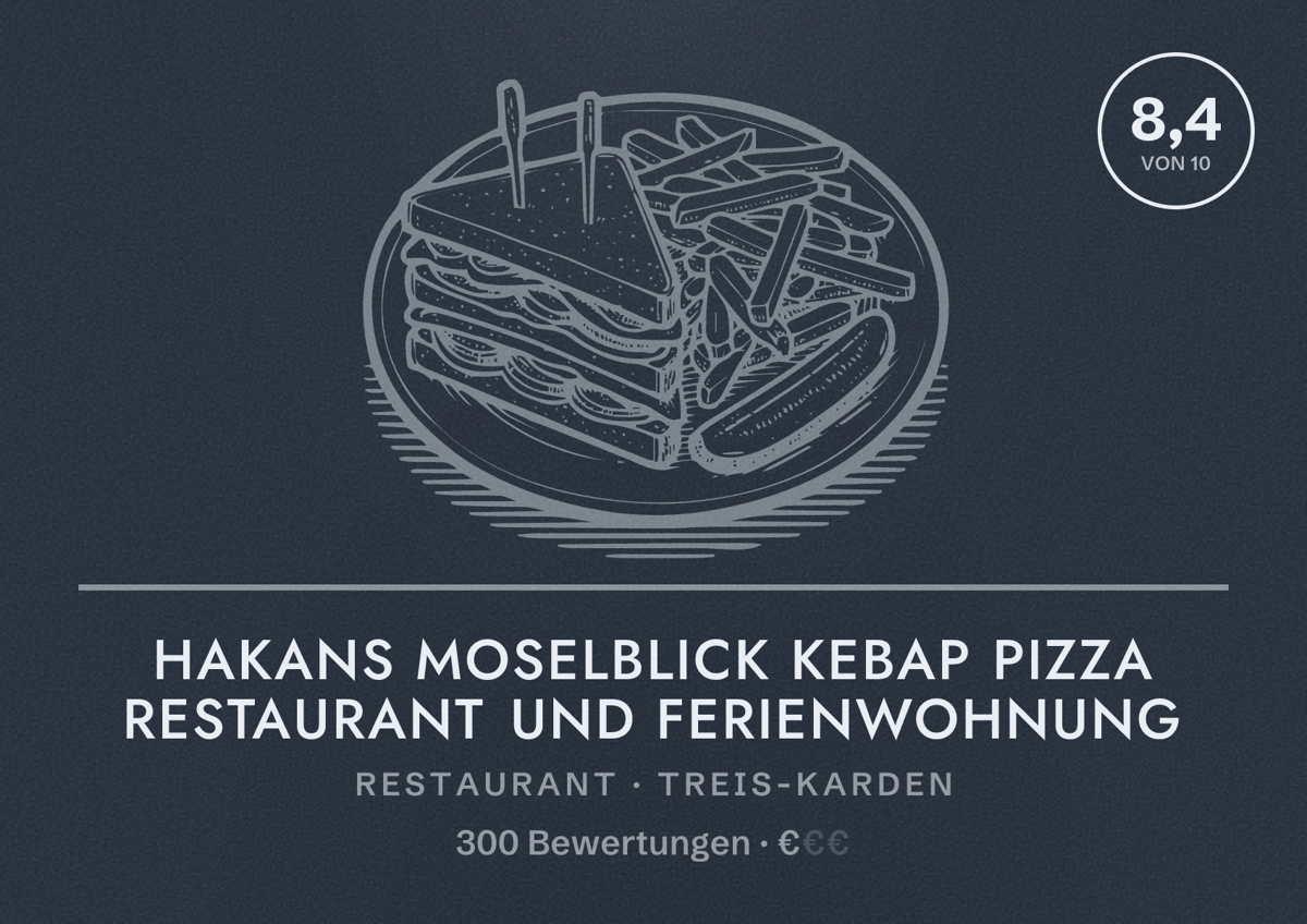 Illustriertes Poster von Hakans Moselblick kebap Pizza restaurant und Ferienwohnung, Restaurant in Treis-Karden: Bewertung 8,4 von 10 aus 300 Bewertungen, Preisniveau €