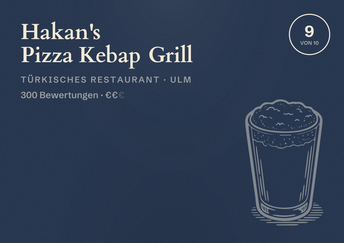 Illustriertes Poster von Hakan's Pizza Kebap Grill, Türkisches Restaurant in Ulm: Bewertung 9 von 10 aus 300 Bewertungen, Preisniveau €€