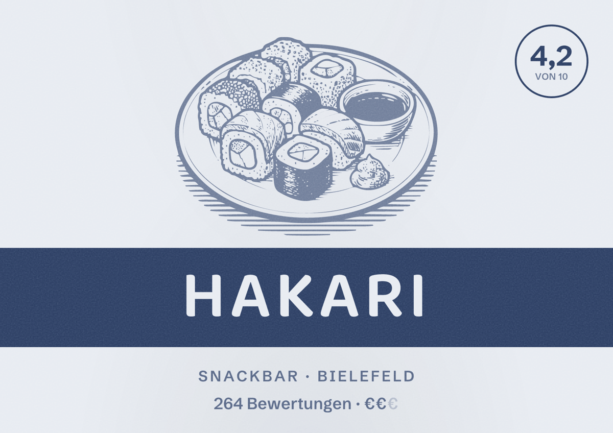 Illustriertes Poster von Hakari, Snackbar in Bielefeld: Bewertung 4,2 von 10 aus 264 Bewertungen, Preisniveau €€