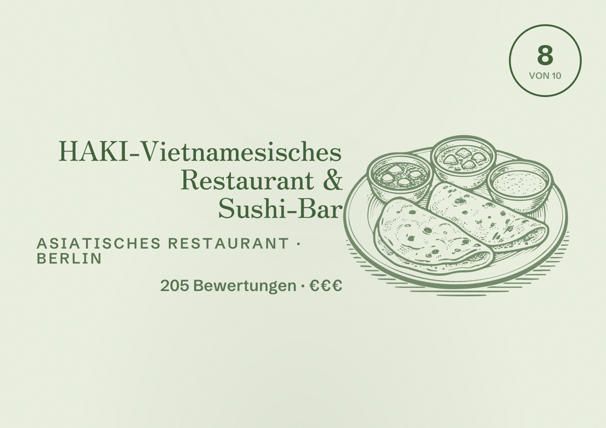 Illustriertes Poster von HAKI-Vietnamesisches Restaurant & Sushi-Bar, Asiatisches Restaurant in Berlin: Bewertung 8,0 von 10 aus 205 Bewertungen, Preisniveau €€€