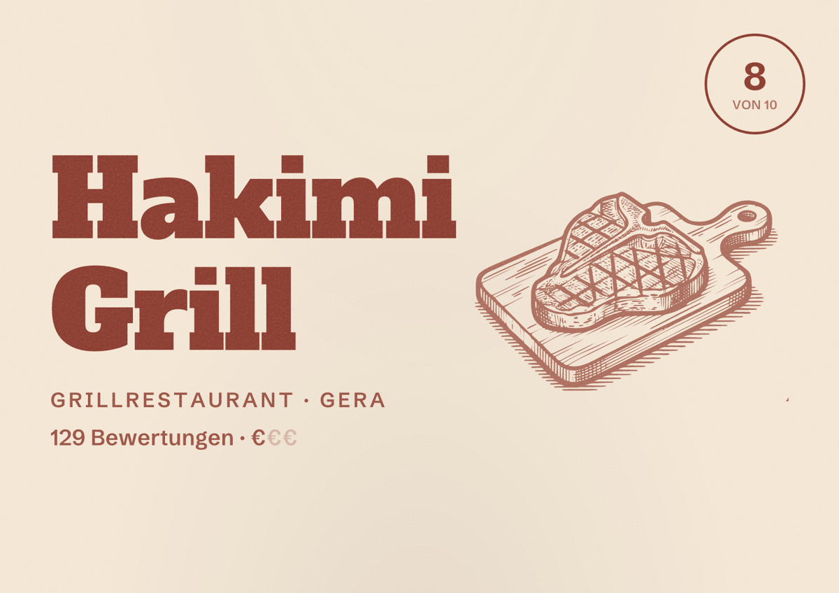 Illustriertes Poster von Hakimi Grill, Grillrestaurant in Gera: Bewertung 8 von 10 aus 129 Bewertungen, Preisniveau €