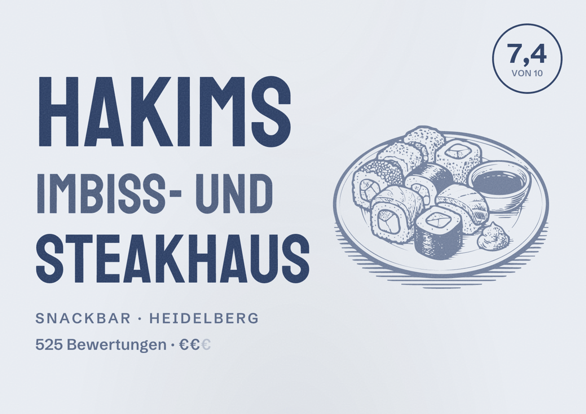Illustriertes Poster von Hakims Imbiss- und Steakhaus, Snackbar in Heidelberg: Bewertung 7,4 von 10 aus 525 Bewertungen, Preisniveau €€