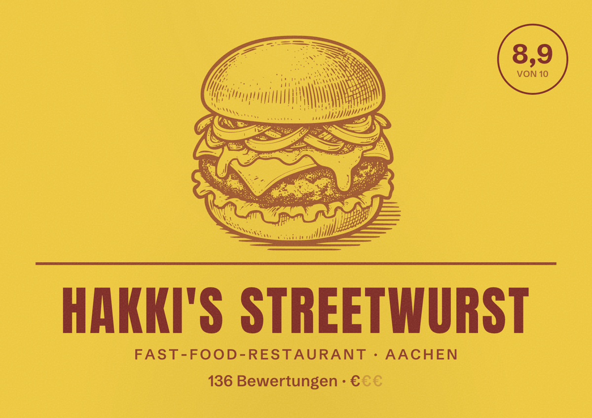Illustriertes Poster von Hakki's Streetwurst, Fast-Food-Restaurant in Aachen: Bewertung 8,9 von 10 aus 136 Bewertungen, Preisniveau €