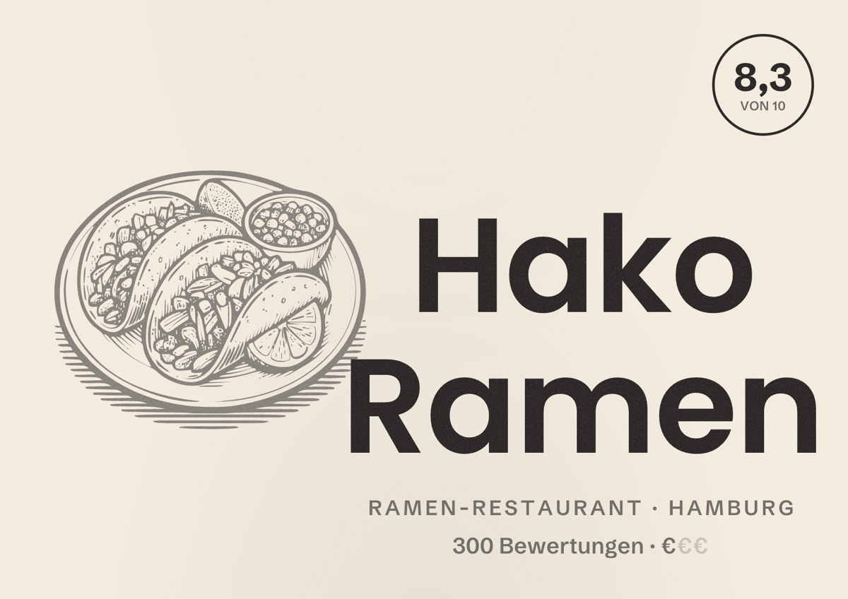 Illustriertes Poster von Hako Ramen, Ramen-Restaurant in Hamburg: Bewertung 8,3 von 10 aus 300 Bewertungen, Preisniveau €