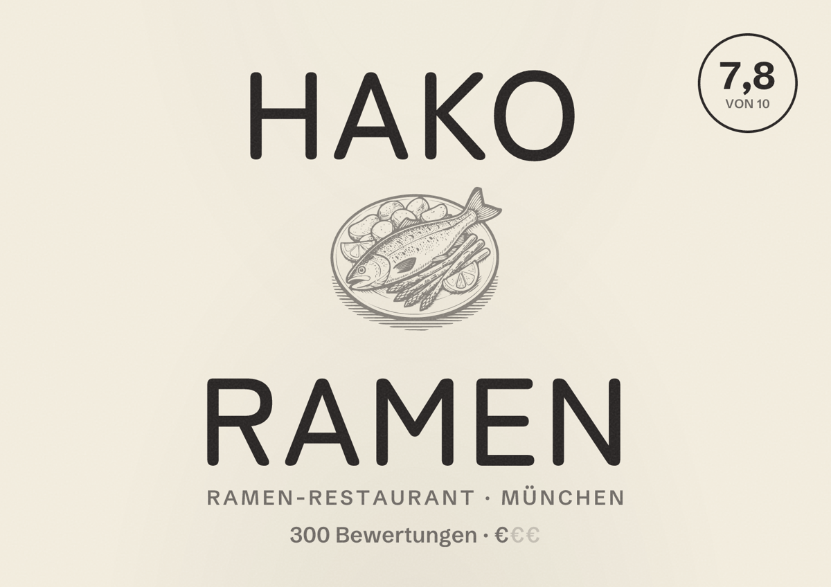 Illustriertes Poster von Hako Ramen, Ramen-Restaurant in München: Bewertung 7,8 von 10 aus 300 Bewertungen, Preisniveau €