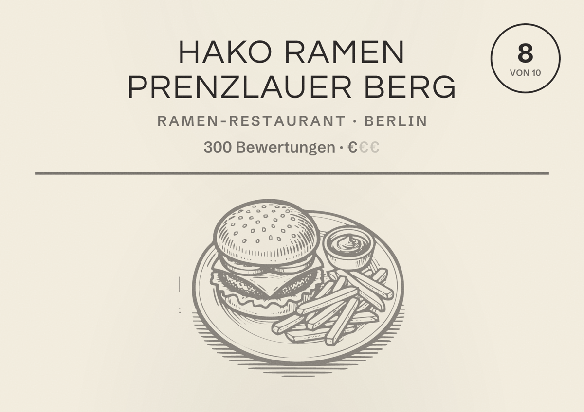Illustriertes Poster von Hako Ramen Prenzlauer Berg, Ramen-Restaurant in Berlin: Bewertung 8 von 10 aus 300 Bewertungen, Preisniveau €