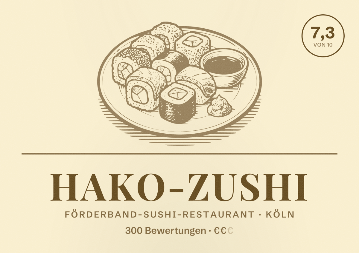 Illustriertes Poster von Hako-Zushi, Förderband-Sushi-Restaurant in Köln: Bewertung 7,3 von 10 aus 300 Bewertungen, Preisniveau €€