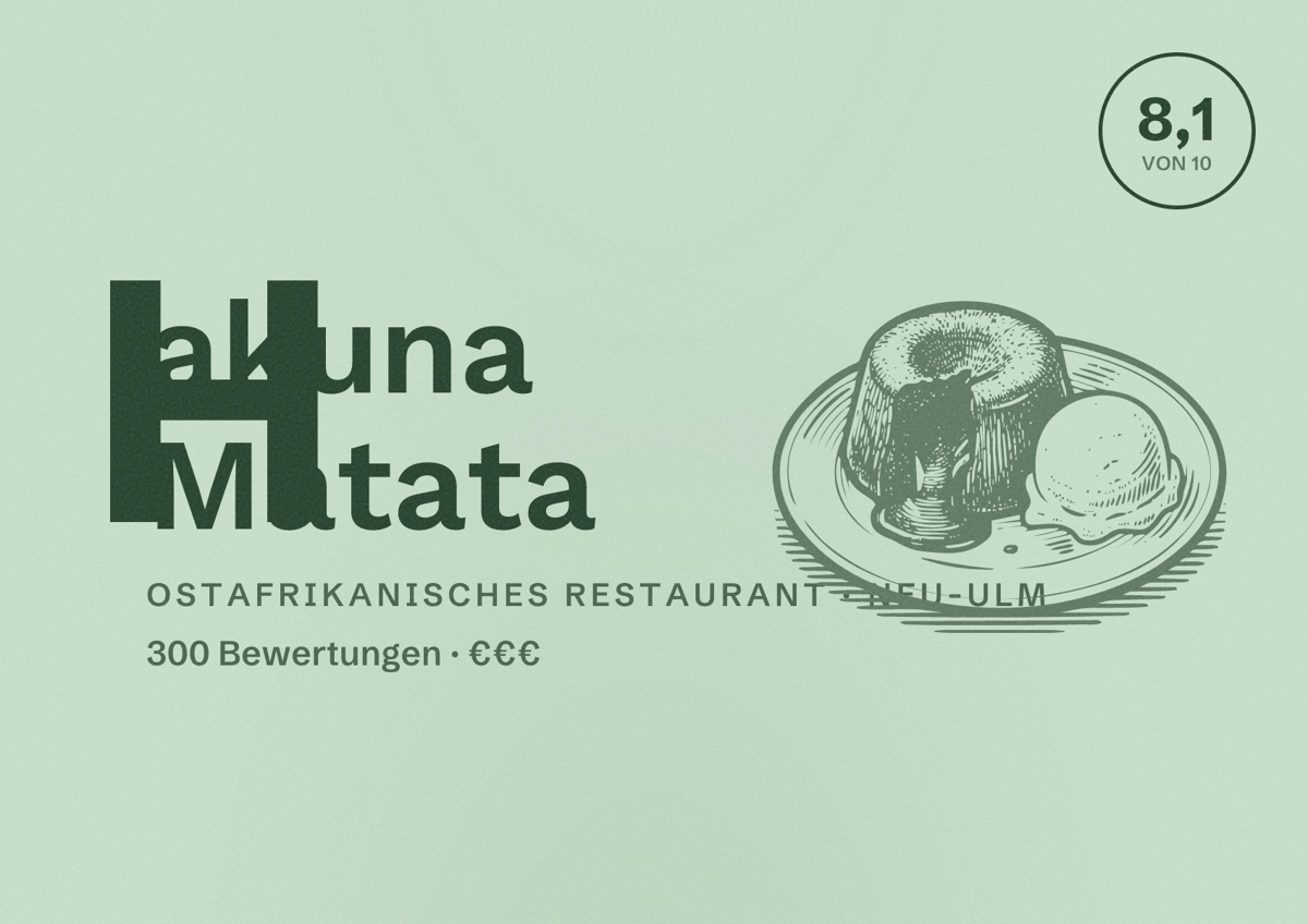 Illustriertes Poster von Hakuna Matata, Ostafrikanisches Restaurant in Neu-Ulm: Bewertung 8,1 von 10 aus 300 Bewertungen, Preisniveau €€€