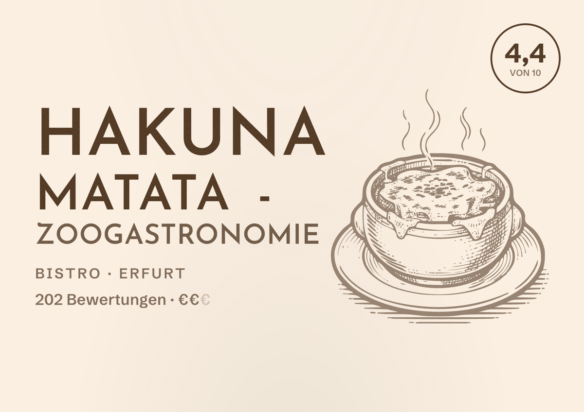 Illustriertes Poster von Hakuna Matata - Zoogastronomie, Bistro in Erfurt: Bewertung 4,4 von 10 aus 202 Bewertungen, Preisniveau €€