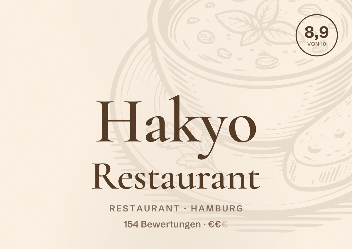 Illustriertes Poster von Hakyo Restaurant, Restaurant in Hamburg: Bewertung 8,9 von 10 aus 154 Bewertungen, Preisniveau €€