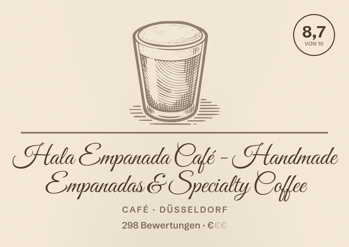 Illustriertes Poster von Hala Empanada Café - Handmade Empanadas & Specialty Coffee, Café in Düsseldorf: Bewertung 8,7 von 10 aus 298 Bewertungen, Preisniveau €