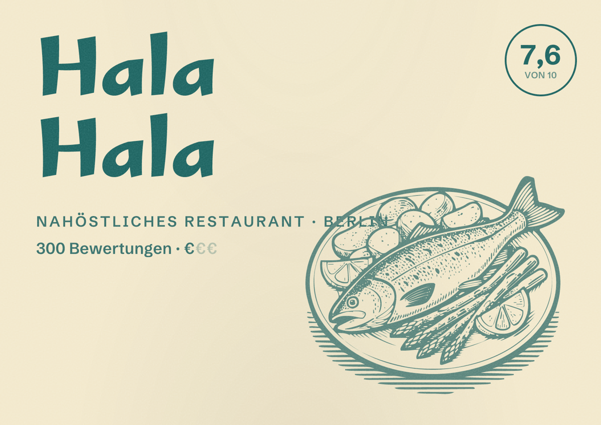 Illustriertes Poster von Hala Hala, Nahöstliches Restaurant in Berlin: Bewertung 7,6 von 10 aus 300 Bewertungen, Preisniveau €