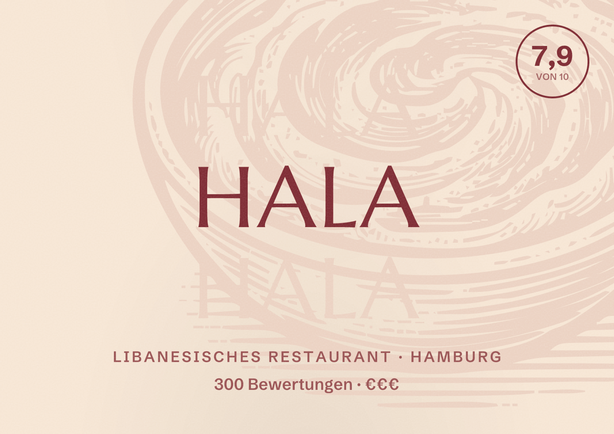 Illustriertes Poster von Hala, Libanesisches Restaurant in Hamburg: Bewertung 7,9 von 10 aus 300 Bewertungen, Preisniveau €€€