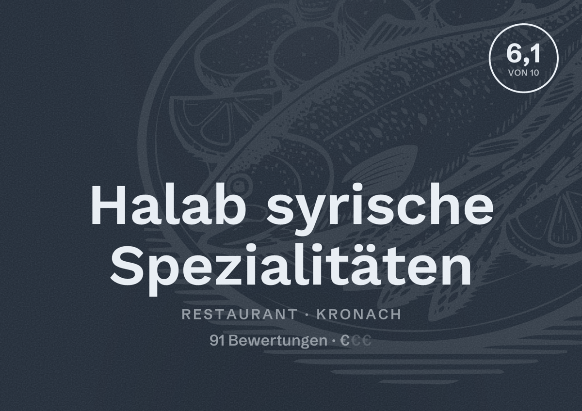Illustriertes Poster von Halab syrische Spezialitäten, Restaurant in Kronach: Bewertung 6,1 von 10 aus 91 Bewertungen, Preisniveau €