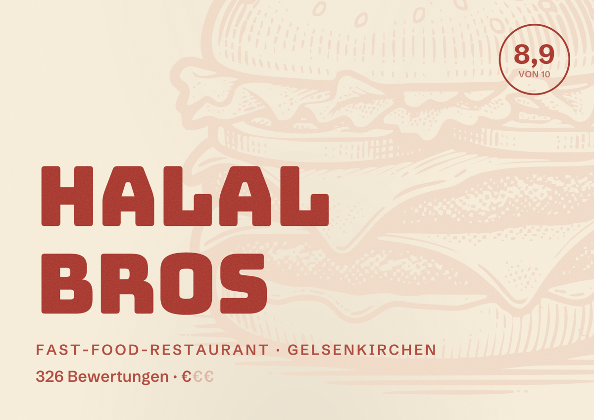 Illustriertes Poster von Halal Bros, Fast-Food-Restaurant in Gelsenkirchen: Bewertung 8,9 von 10 aus 326 Bewertungen, Preisniveau €