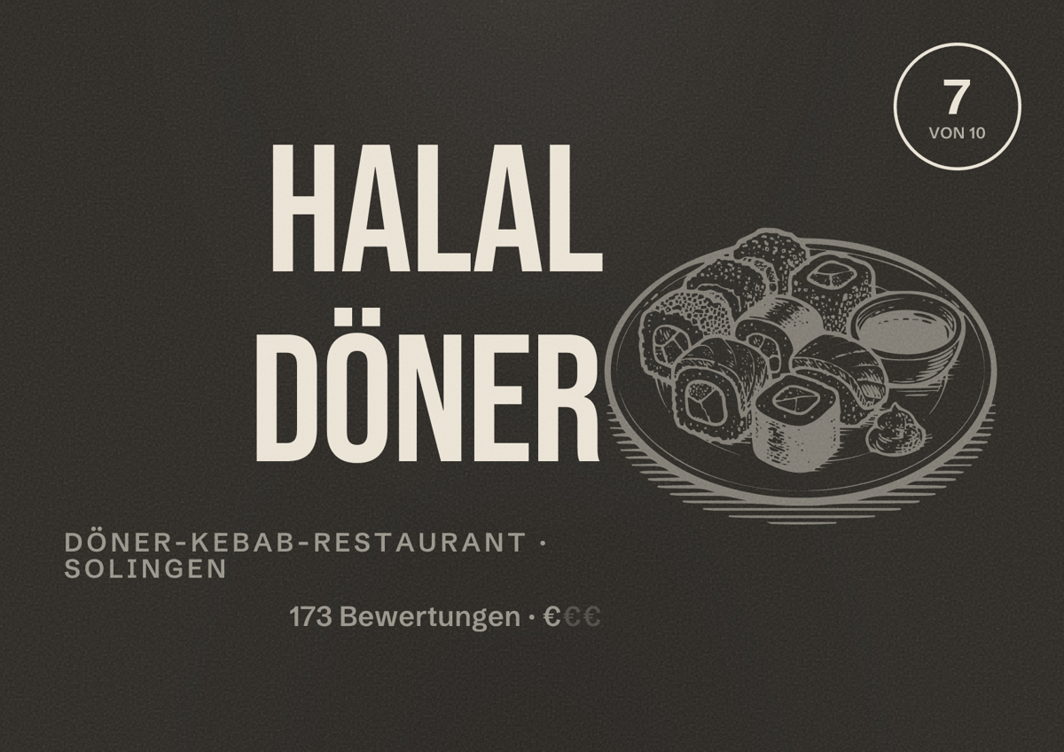 Illustriertes Poster von Halal Döner, Döner-Kebab-Restaurant in Solingen: Bewertung 7 von 10 aus 173 Bewertungen, Preisniveau €