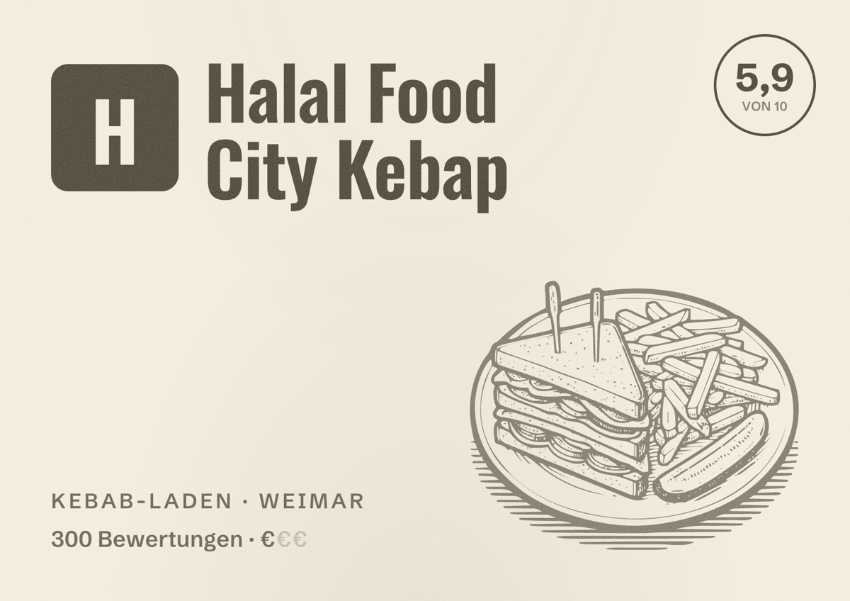 Illustriertes Poster von Halal Food City Kebap, Kebab-Laden in Weimar: Bewertung 5,9 von 10 aus 300 Bewertungen, Preisniveau €