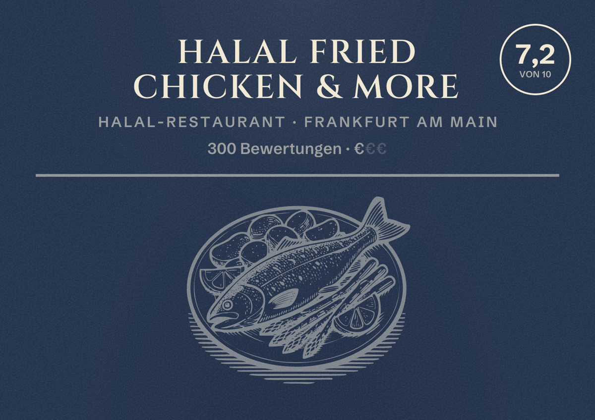 Illustriertes Poster von Halal Fried Chicken & More, Halal-Restaurant in Frankfurt am Main: Bewertung 7,2 von 10 aus 300 Bewertungen, Preisniveau €