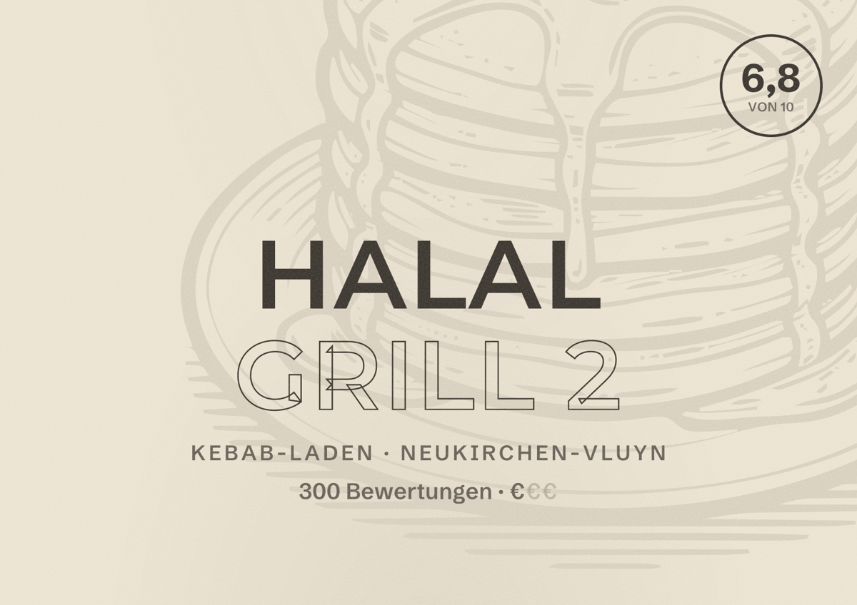 Illustriertes Poster von Halal grill 2, Kebab-Laden in Neukirchen-Vluyn: Bewertung 6,8 von 10 aus 300 Bewertungen, Preisniveau €