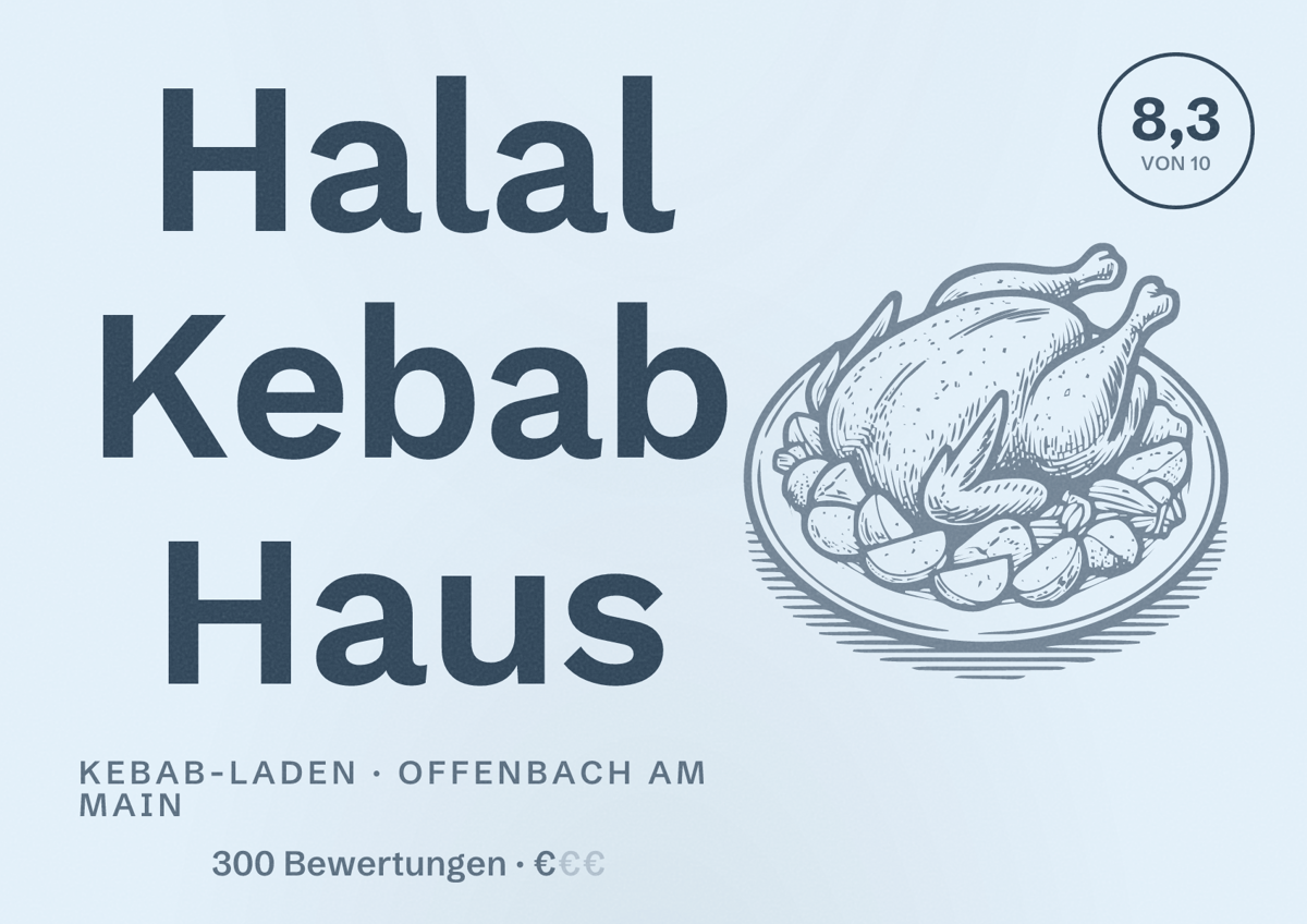 Illustriertes Poster von Halal Kebab Haus, Kebab-Laden in Offenbach am Main: Bewertung 8,3 von 10 aus 300 Bewertungen, Preisniveau €
