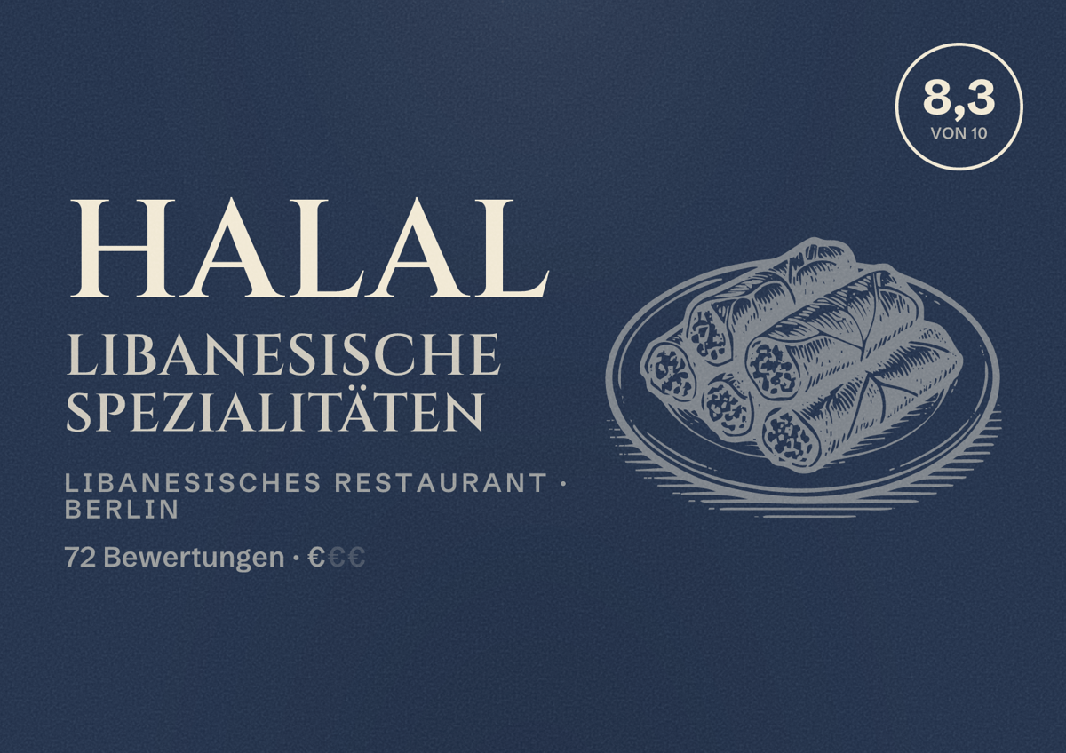 Illustriertes Poster von Halal Libanesische Spezialitäten, Libanesisches Restaurant in Berlin: Bewertung 8,3 von 10 aus 72 Bewertungen, Preisniveau €