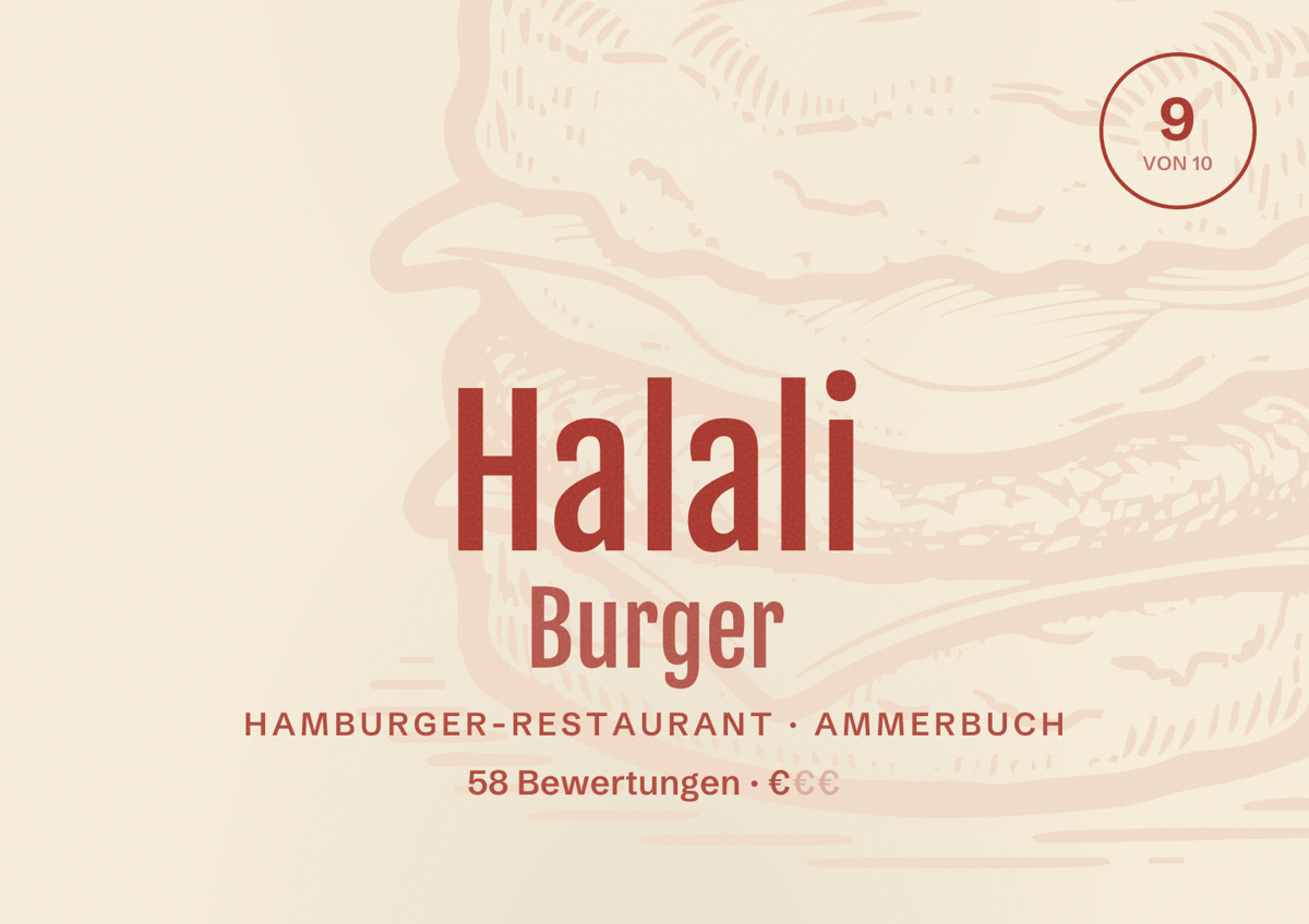 Illustriertes Poster von Halali Burger, Hamburger-Restaurant in Ammerbuch: Bewertung 9 von 10 aus 58 Bewertungen, Preisniveau €