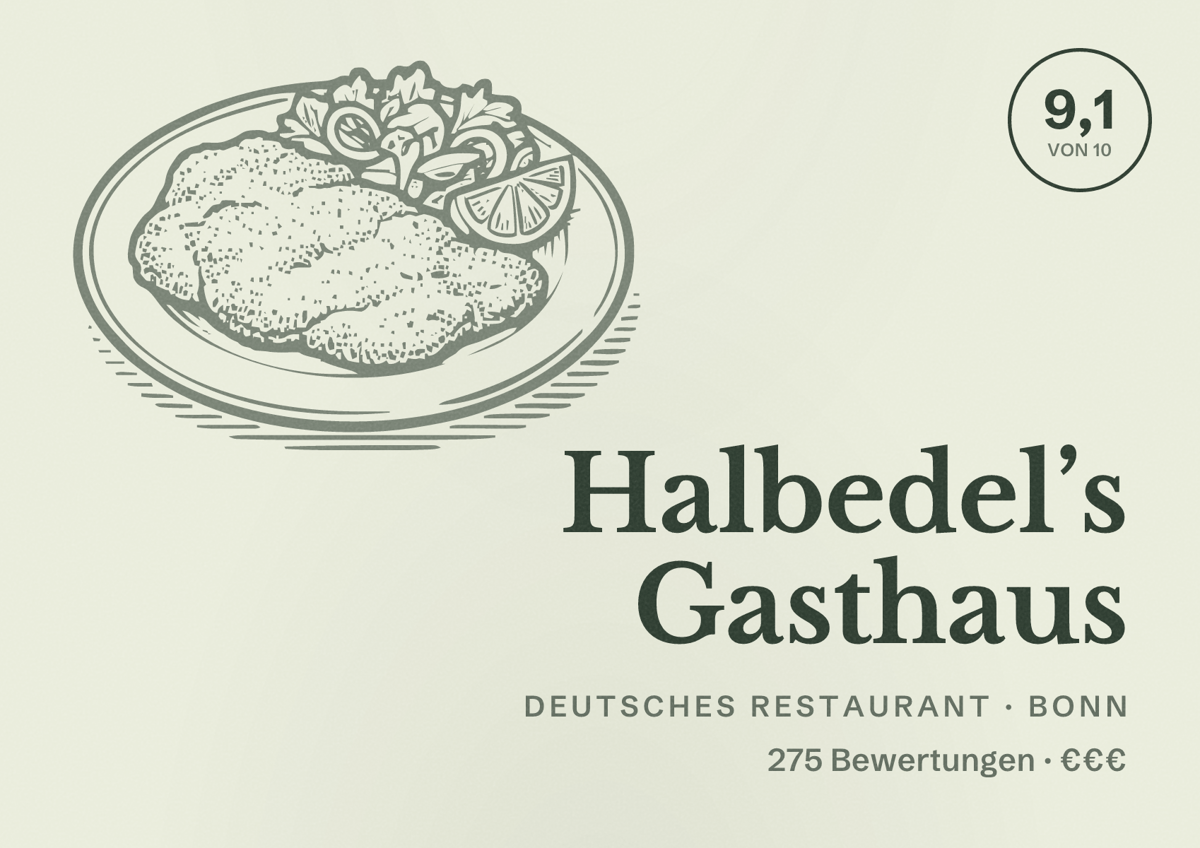 Illustriertes Poster von Halbedel’s Gasthaus, Deutsches Restaurant in Bonn: Bewertung 9,1 von 10 aus 275 Bewertungen, Preisniveau €€€