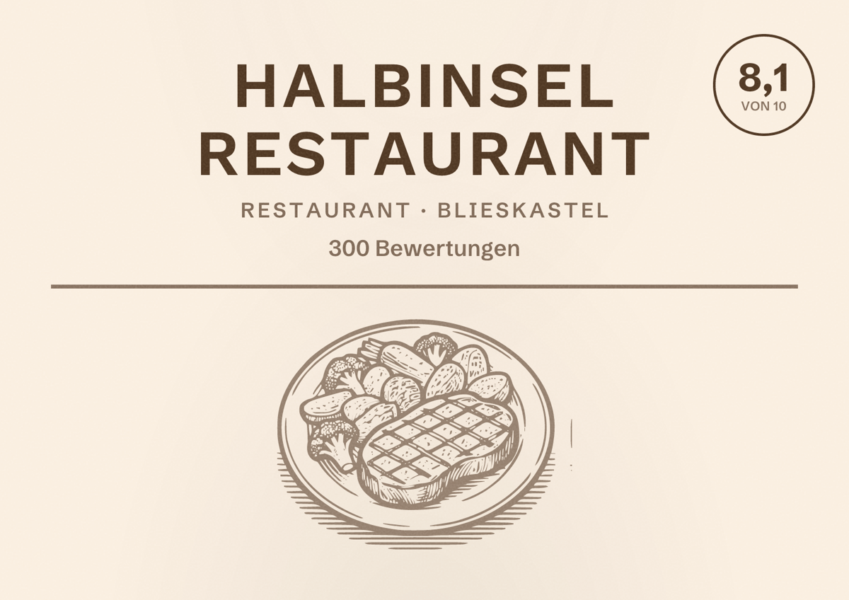 Illustriertes Poster von Halbinsel Restaurant, Restaurant in Blieskastel: Bewertung 8,1 von 10 aus 300 Bewertungen