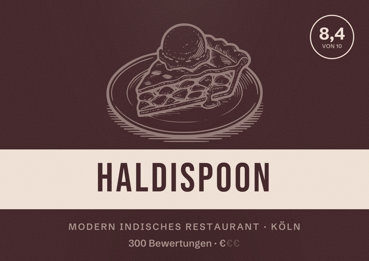 Illustriertes Poster von HaldiSpoon, Modern indisches Restaurant in Köln: Bewertung 8,4 von 10 aus 300 Bewertungen, Preisniveau €