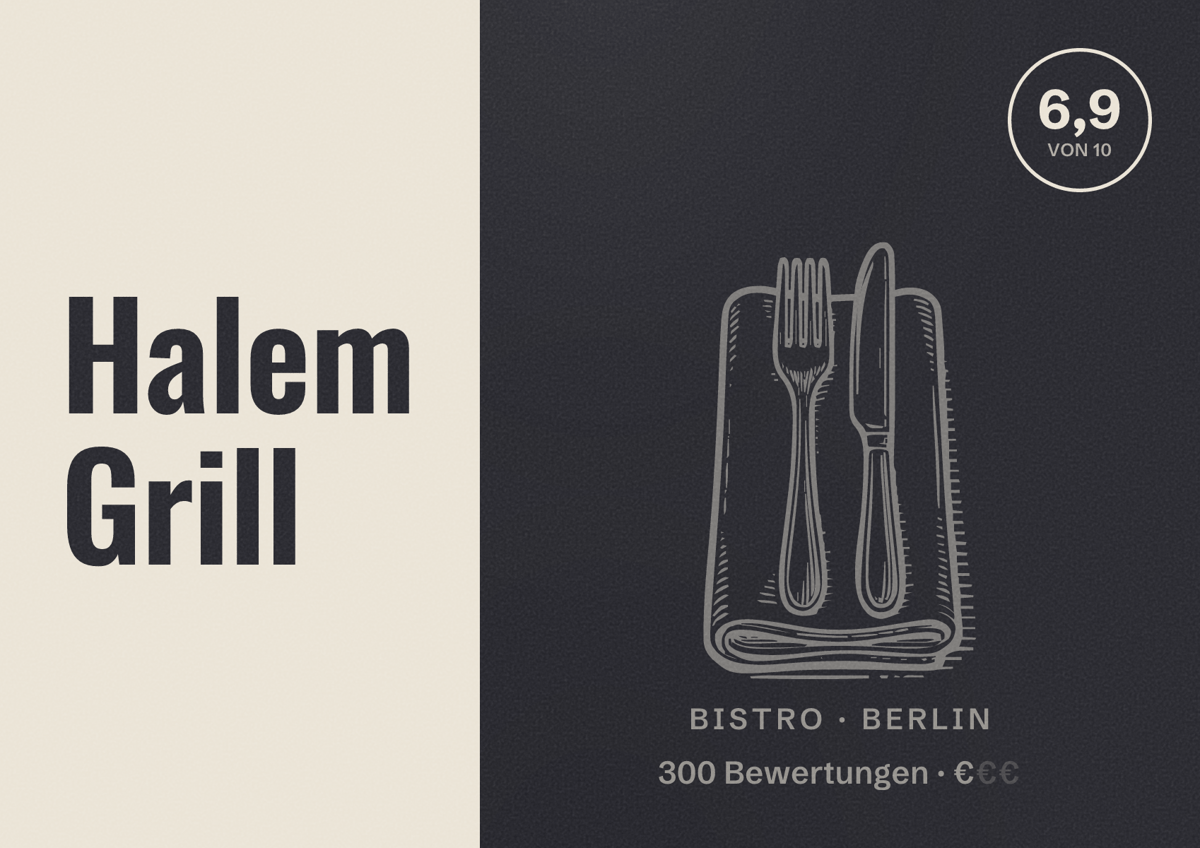 Illustriertes Poster von Halem Grill, Bistro in Berlin: Bewertung 6,9 von 10 aus 300 Bewertungen, Preisniveau €