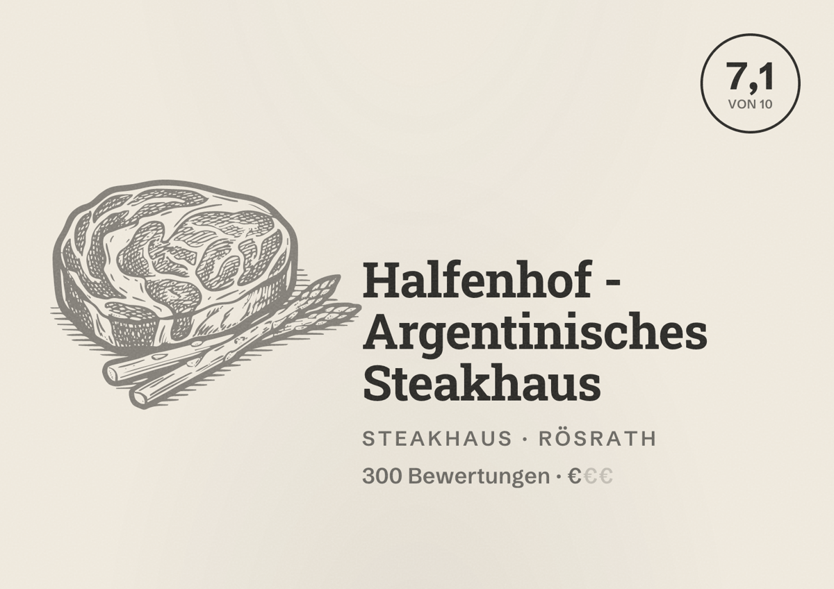 Illustriertes Poster von Halfenhof - Argentinisches Steakhaus, Steakhaus in Rösrath: Bewertung 7,1 von 10 aus 300 Bewertungen, Preisniveau €