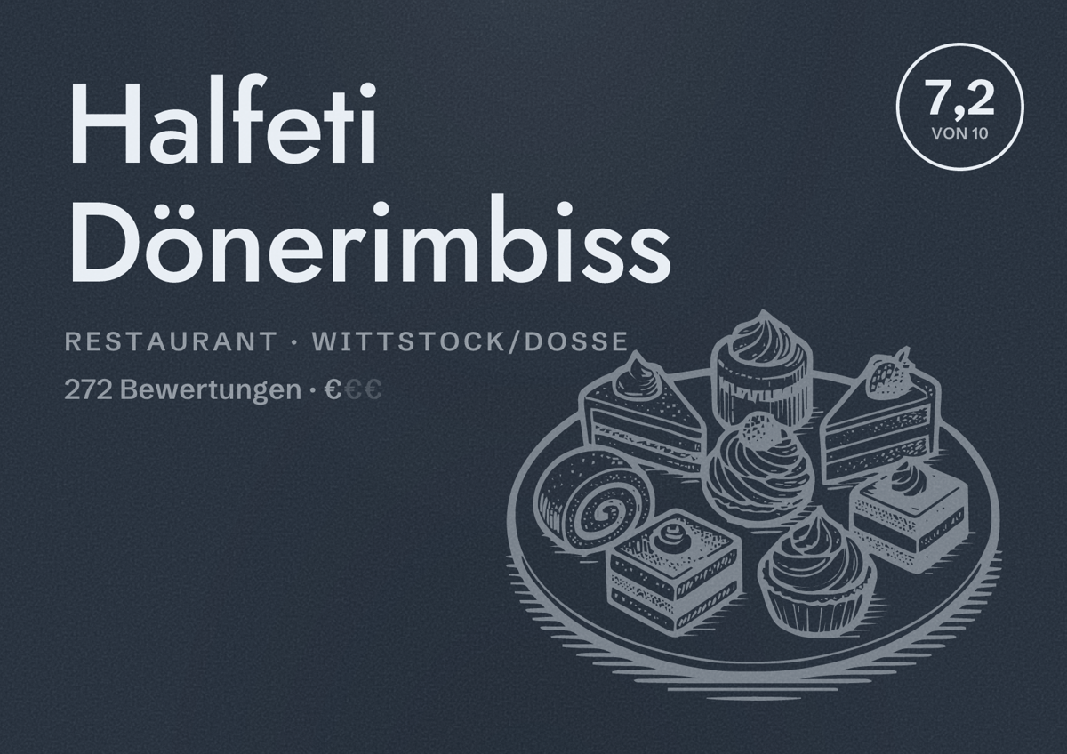 Illustriertes Poster von Halfeti Dönerimbiss, Restaurant in Wittstock/Dosse: Bewertung 7,2 von 10 aus 272 Bewertungen, Preisniveau €
