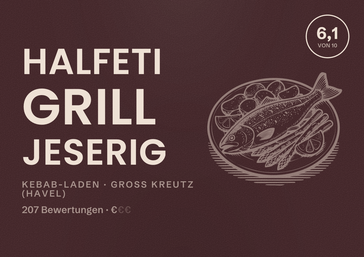 Illustriertes Poster von Halfeti Grill Jeserig, Kebab-Laden in Groß Kreutz (Havel): Bewertung 6,1 von 10 aus 207 Bewertungen, Preisniveau €
