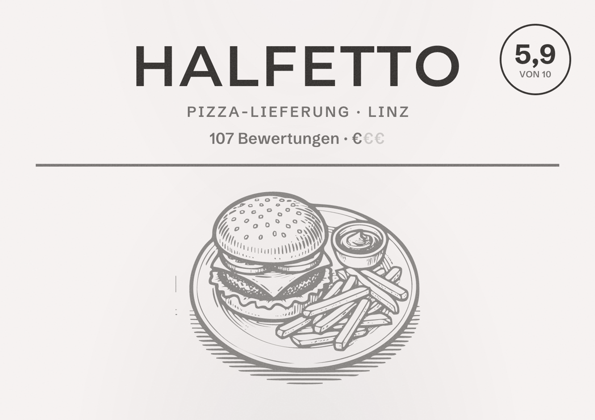 Illustriertes Poster von Halfetto, Pizza-Lieferung in Linz: Bewertung 5,9 von 10 aus 107 Bewertungen, Preisniveau €