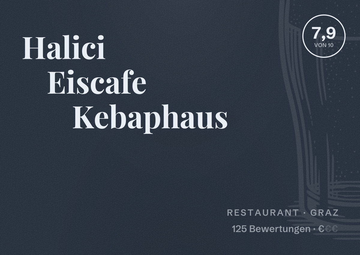 Illustriertes Poster von Halici Eiscafe Kebaphaus, Restaurant in Graz: Bewertung 7,9 von 10 aus 125 Bewertungen, Preisniveau €