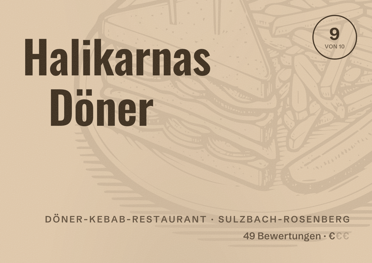 Illustriertes Poster von Halikarnas Döner, Döner-Kebab-Restaurant in Sulzbach-Rosenberg: Bewertung 9 von 10 aus 49 Bewertungen, Preisniveau €