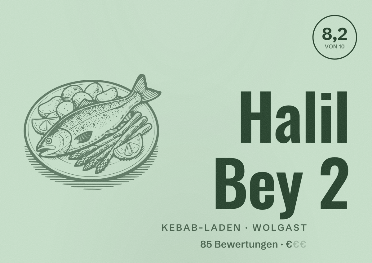 Illustriertes Poster von Halil Bey 2, Kebab-Laden in Wolgast: Bewertung 8,2 von 10 aus 85 Bewertungen, Preisniveau €