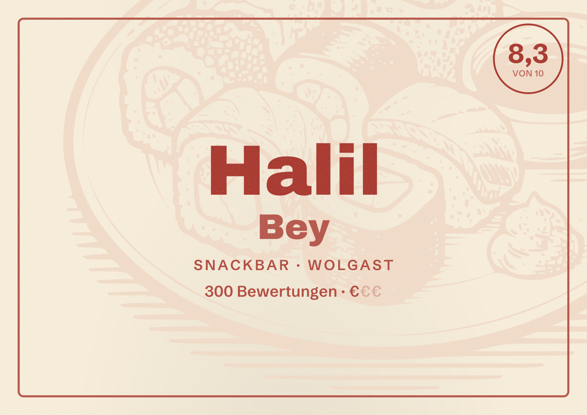 Illustriertes Poster von Halil Bey, Snackbar in Wolgast: Bewertung 8,3 von 10 aus 300 Bewertungen, Preisniveau €