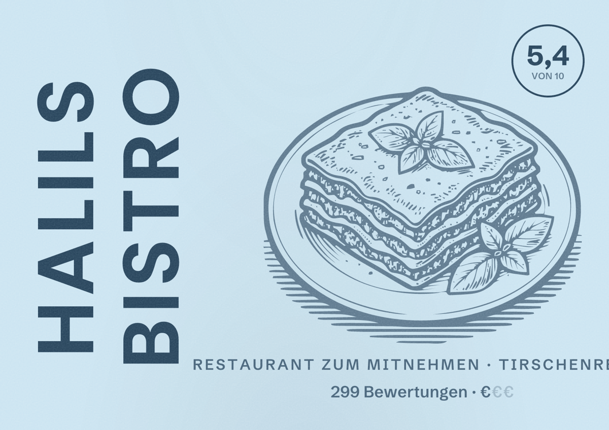 Illustriertes Poster von Halils Bistro, Restaurant zum Mitnehmen in Tirschenreuth: Bewertung 5,4 von 10 aus 299 Bewertungen, Preisniveau €