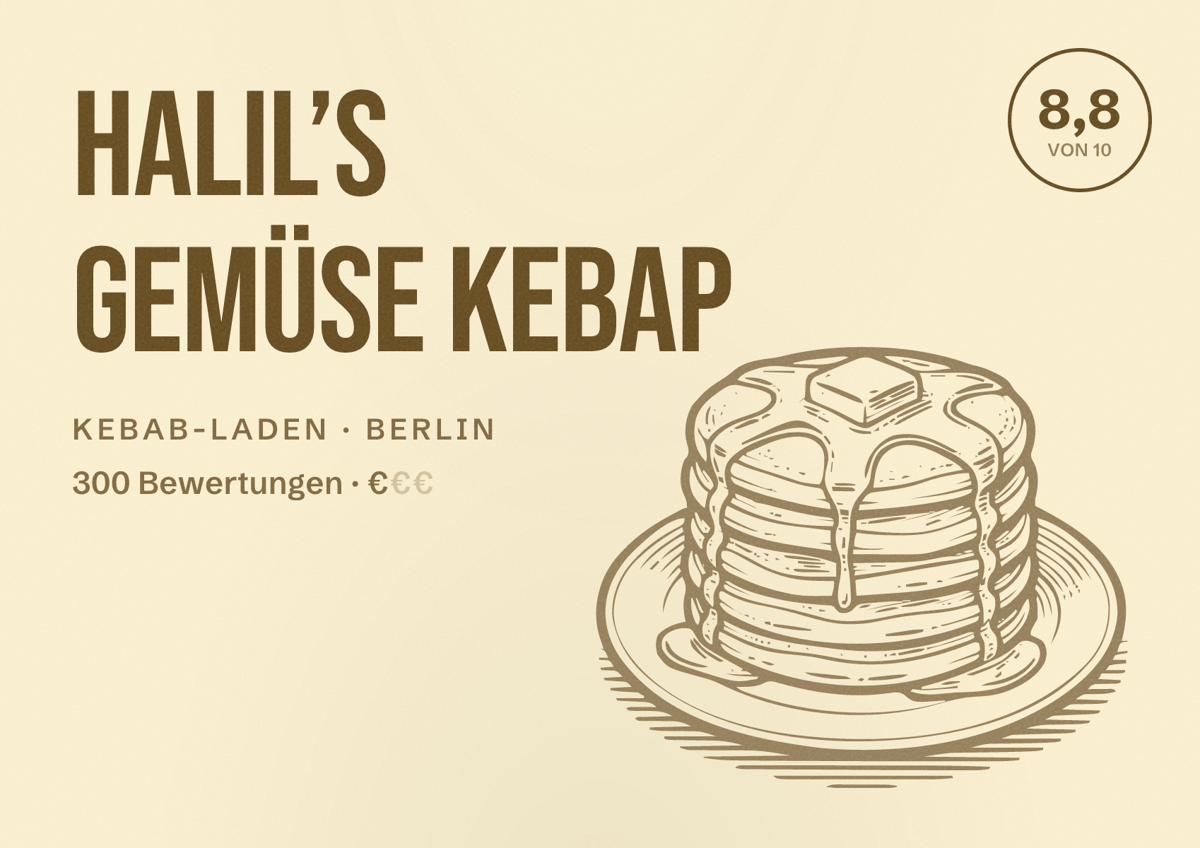 Illustriertes Poster von Halil’s Gemüse Kebap, Kebab-Laden in Berlin: Bewertung 8,8 von 10 aus 300 Bewertungen, Preisniveau €