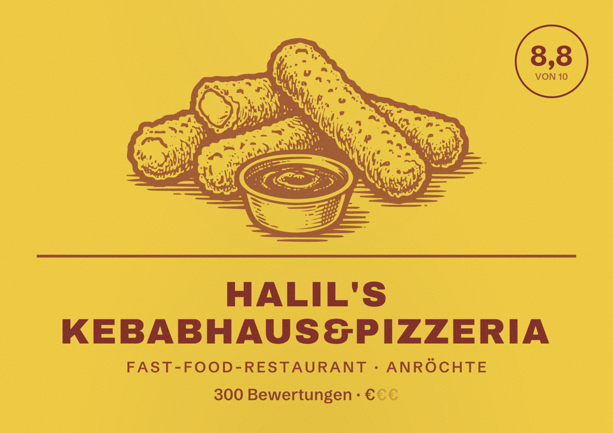 Illustriertes Poster von Halil's Kebabhaus&Pizzeria, Fast-Food-Restaurant in Anröchte: Bewertung 8,8 von 10 aus 300 Bewertungen, Preisniveau €