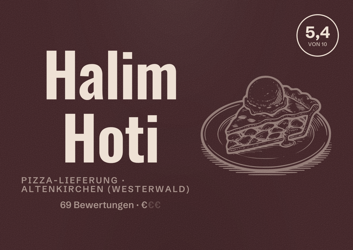 Illustriertes Poster von Halim Hoti, Pizza-Lieferung in Altenkirchen (Westerwald): Bewertung 5,4 von 10 aus 69 Bewertungen, Preisniveau €
