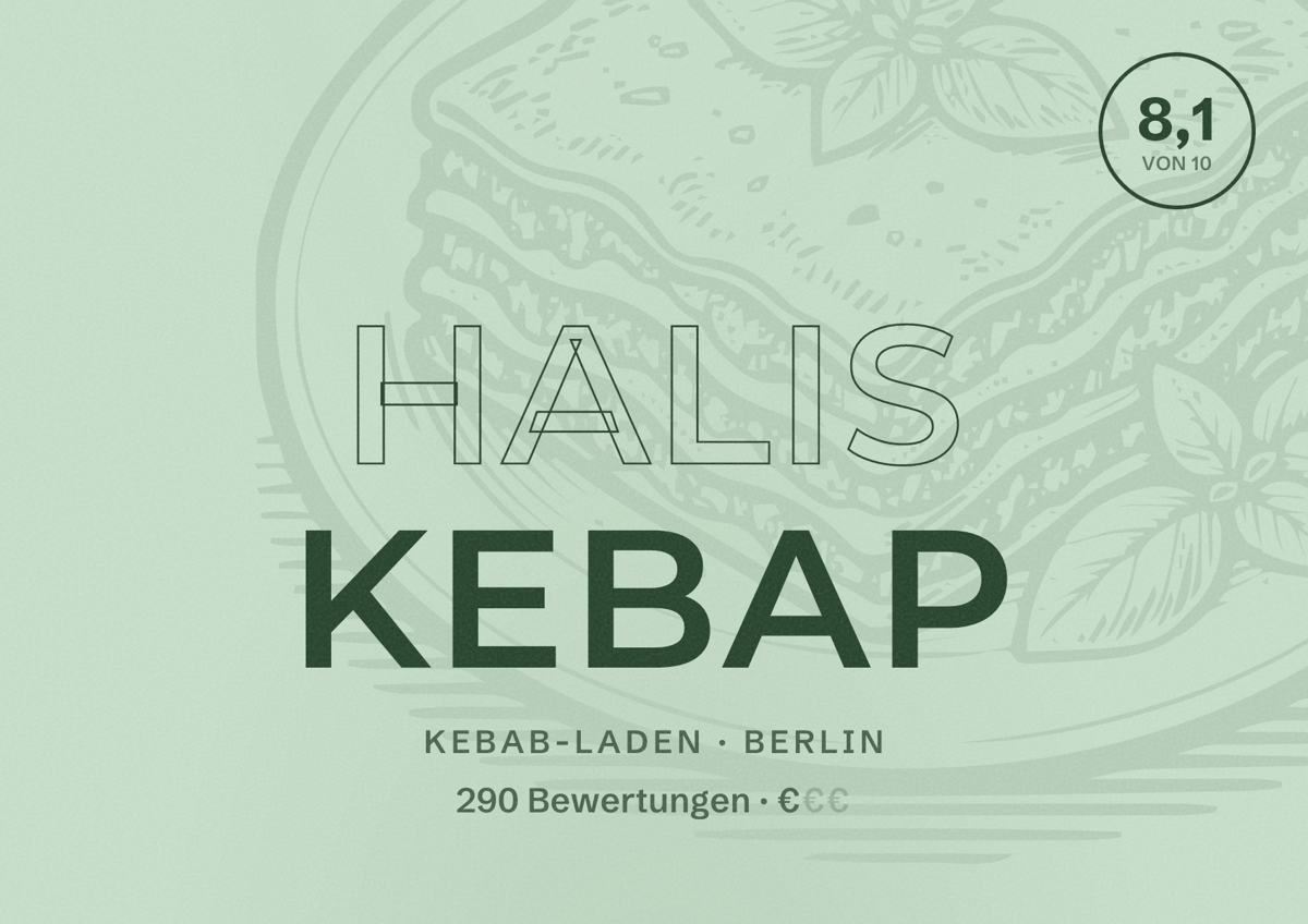 Illustriertes Poster von Halis Kebap, Kebab-Laden in Berlin: Bewertung 8,1 von 10 aus 290 Bewertungen, Preisniveau €